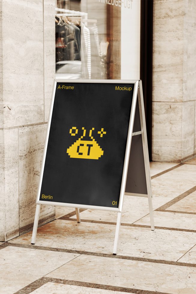 A-frame sign mockup displaying pixel art design on a sidewalk, perfect for graphic presentations, outdoor advertising mockups, designer assets.